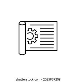 Document with Cog outline icon - vector technical documentation concept sign in thin line style.