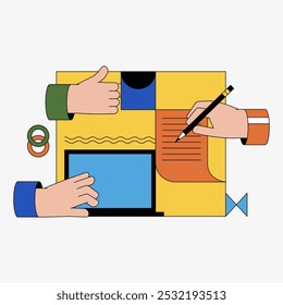 Document Collaboration With Hands Writing And Using Laptop In Flat Vector Illustration Symbolizing Teamwork, Paperwork, And Digital Work, Isolated On White Background