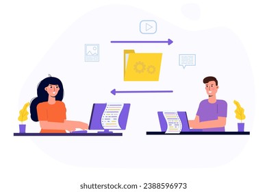 Document collaboration, team work, exchanging files online concept. Vector illustrations for banner, website, landing page, flyer.