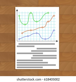 Document with color curve line graphic. Finance economy growth profit chart, vector illustration