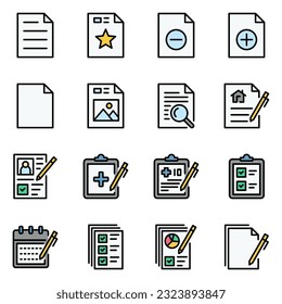 document color line icons set. notepad icons set. note, form, clipboard, sheet, write, contract, list, survey, schedule, certificate, planner