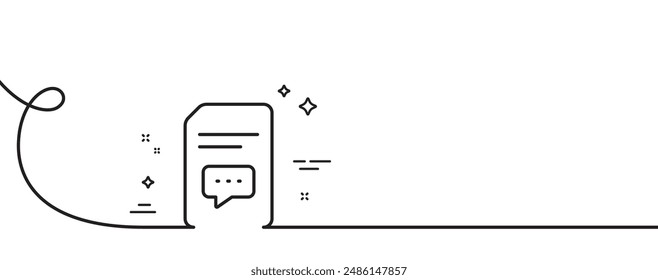 Document with Comments line icon. Continuous one line with curl. Information File with Speech bubble sign. Paper page concept symbol. Comments single outline ribbon. Loop curve pattern. Vector