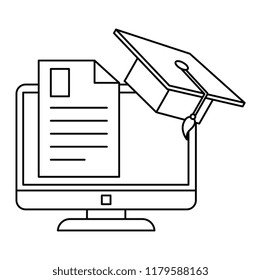 document with computer and hat graduation