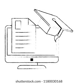 document with computer and hat graduation