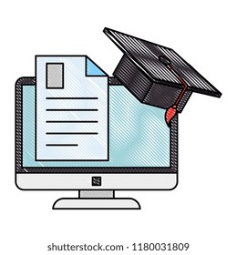 document with computer and hat graduation