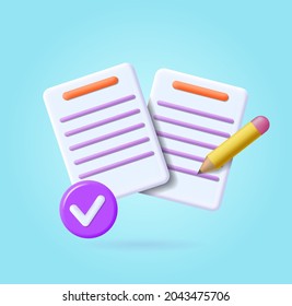  Document concept. Agreement, Check information paper, registration or login aproove. Copywriting, writing icon. Confirmed or approved document. Business icon. 3d vector illustration.