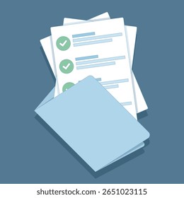 Document Concept. Contract document. Business stationery documentation. Folder with stamp and text. Agreement with signature and approval stamp. Folder and stack of papers. flat design.