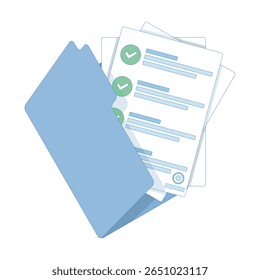 Document Concept. Contract document. Business stationery documentation. Folder with stamp and text. Agreement with signature and approval stamp. Folder and stack of papers. flat design.