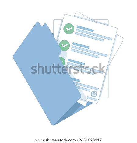 Document Concept. Contract document. Business stationery documentation. Folder with stamp and text. Agreement with signature and approval stamp. Folder and stack of papers. flat design.