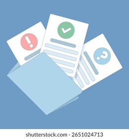 documentconcept. Belangrijk document met vraagteken, samenwerkingsevaluatie van documentpapierbestand, platte afbeelding, vraagteken en uitroepteken, tekstinhoud schrijven. platte ontwerpillustratie.