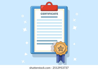 Concepto de documento con Licencia, certificado y medalla. Icono de logro. Icono de premio. Icono del diploma, certificado o diploma con el fondo, Ilustración vectorial plana en el fondo.