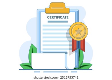 Dokumentenkonzept mit Lizenz, Zertifikat und Medaille. Erfolgssymbol Prämiensymbol. Diplomsymbol, Zertifikat oder Diplom mit Hintergrund, flache Vektorgrafik auf Hintergrund.