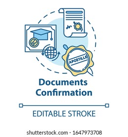 Document confirmation concept icon. Common law paperwork. Approved certificate. Notary service idea thin line illustration. Vector isolated outline RGB color drawing. Editable stroke