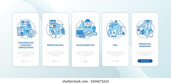 Document confirmation onboarding mobile app page screen with concepts. Notarization. Protesting bill. Walkthrough 5 steps graphic instructions. UI vector template with RGB color illustrations