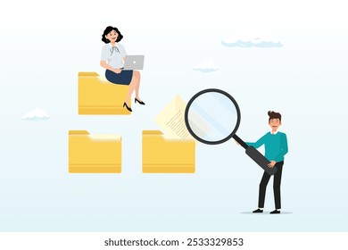 Document, content or research paper, documentation file folder storage, report or paperwork, search or file archive, office contract concept, business people working with paper document file folder