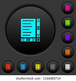 Document with content and scroll bars dark push buttons with vivid color icons on dark grey background