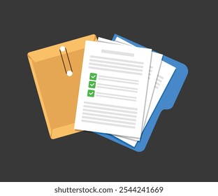 Documento. Papeles de contrato. Documentos en papel. Carpeta con sello y texto. Pila de documentos de Acuerdos con firma y sello de Aprobación. Concepto de papeleo, documentos comerciales. Carpeta, apilar papeles