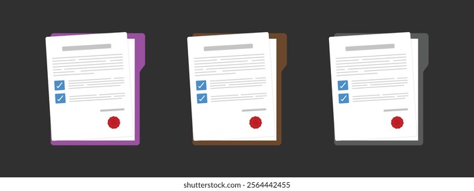 Document. Contract papers. Paper documents. Folder with stamp and text. Stack of agreements document with signature and approval stamp. Concept of paperwork, business documents. Folder, stack papers