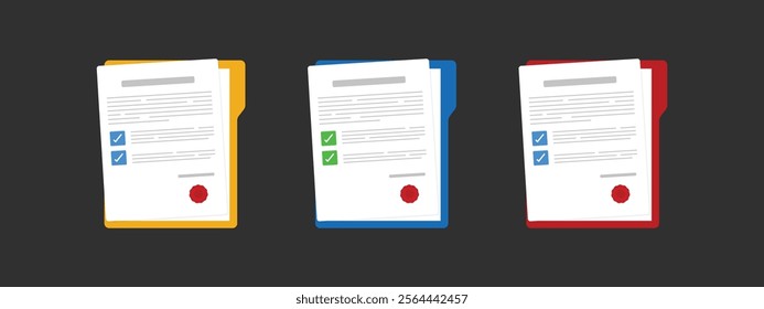 Document. Contract papers. Paper documents. Folder with stamp and text. Stack of agreements document with signature and approval stamp. Concept of paperwork, business documents. Folder, stack papers