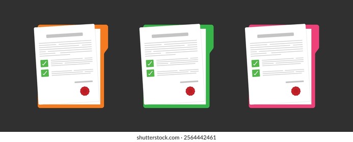 Document. Contract papers. Paper documents. Folder with stamp and text. Stack of agreements document with signature and approval stamp. Concept of paperwork, business documents. Folder, stack papers