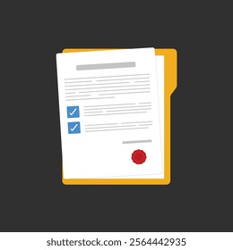 Document. Contract papers. Paper documents. Folder with stamp and text. Stack of agreements document with signature and approval stamp. Concept of paperwork, business documents. Folder, stack papers