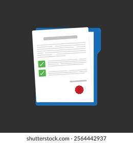 Document. Contract papers. Paper documents. Folder with stamp and text. Stack of agreements document with signature and approval stamp. Concept of paperwork, business documents. Folder, stack papers