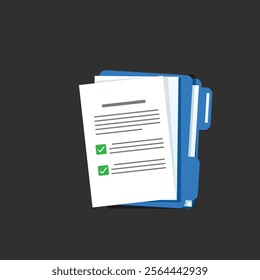 Document. Contract papers. Paper documents. Folder with stamp and text. Stack of agreements document with signature and approval stamp. Concept of paperwork, business documents. Folder, stack papers