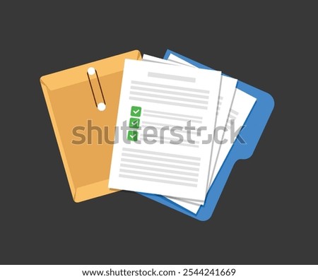 Document. Contract papers. Paper documents. Folder with stamp and text. Stack of agreements document with signature and approval stamp. Concept of paperwork, business documents. Folder, stack papers