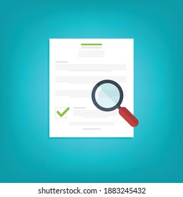 Document, contract review, analysis, inspection of agreement contract, compliance verification. Vector illustration