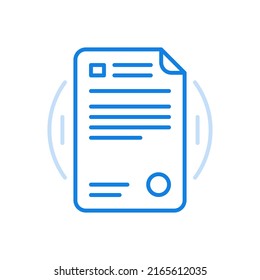 
Document contract with stamp vector line icon. Filled sheet paper with round stamp curled edge. Important management report from department. Registration statistic of accounting inspection.