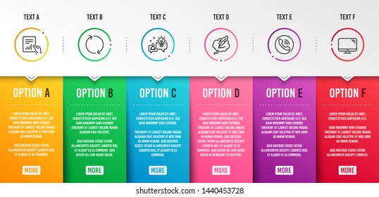 Document, Copyright chat and Call center icons simple set. Idea, Refresh and Computer signs. File with diagram, Speech bubble. Technology set. Infographic template. 6 steps timeline. Business options