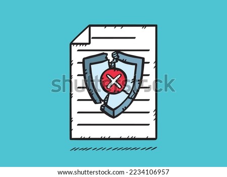 Document with cracked antivirus shield. The shield has a red x-stamp. Hand-drawn vector graphic.