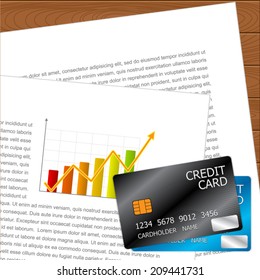 Document and Credit Cards, Concept Idea on Wood Background. Vector illustration.
