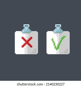 document with cross and check sign in pixel style