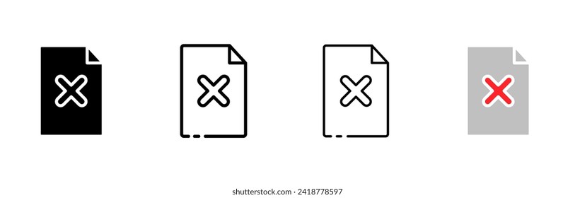 Document with cross icon set. Silhouette, linear, and flat style. Vector icons.