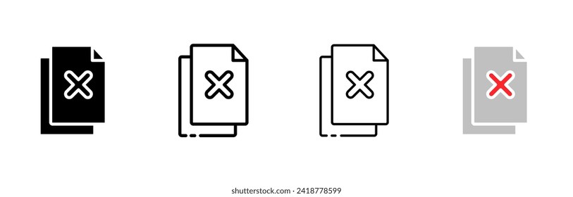 Document with cross icon set. Silhouette, linear, and flat style. Vector icons.