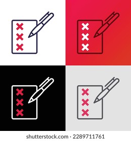 Document with cross marks and pen. Thin line icon. Checklist, questionnaire. Modern vector illustration.