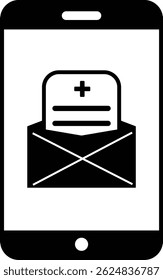 Documento con el símbolo de la cruz en el teléfono de la pantalla, el cuidado de la salud o el diseño médico del icono en blanco y negro