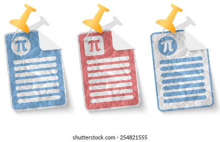document with crumpled paper and pi symbol