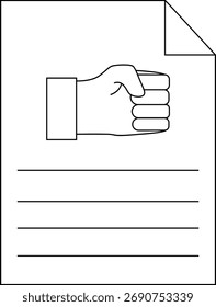 A document with a curled corner lines for writing and a clenched fist illustration