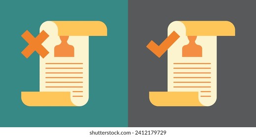 Document curricullum icons set with check mark, cross sign, 3d minimalist style. Symbols for accepted, decline and attention. Bright design isolated on white. Vector illustration.