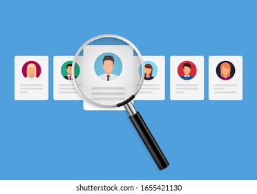 Document with curriculum vitae and magnifying glass. Human resources, employee recruitment