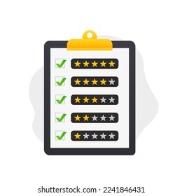 Document with customer reviews. Five stars for the best "excellent" rating. Customer satisfaction form on clipboard. Feedback and service rating template concept in flat style. Vector illustration