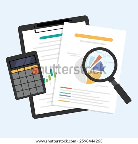 Document data analytic, Finance graph report for business with magnifying glass, Paper data sheet on clipboard with calculator.