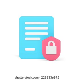 Document data confidential information security access protection lock shield 3d icon realistic vector illustration. Paper sheet list contract agreement legal form list blank business archive secure