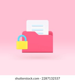 Document data folder archive storage protection business file organizing 3d icon realistic vector illustration. Information safety organize info backup service personal privacy security access padlock