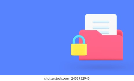 Document data folder archive storage protection business file organizing 3d icon realistic vector illustration. Information safety organize info backup service personal privacy security access padlock