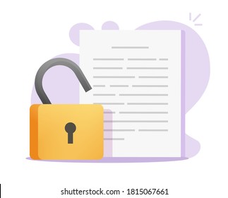 Document data secure confidential access unlocked vector or text file privacy protection open on flat icon, concept of private secret data lock image symbol