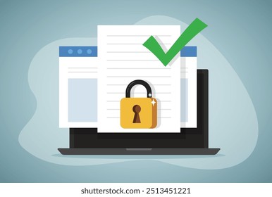 Document data secure confidential online access locked on laptop computer vector or internet web text file privacy protection block flat icon