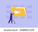 Document and data security concept, cyber security services to protect personal documents and data, businessman using security key to access digital files